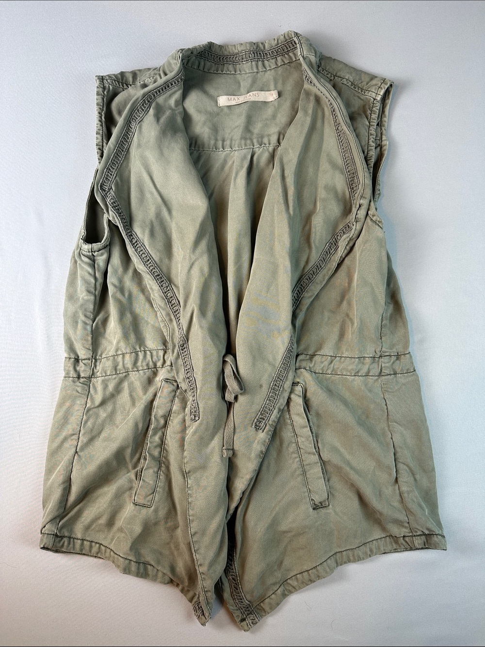 Max Jeans Women’s Sleeveless Utility Vest Olive Tie Front Closure Small